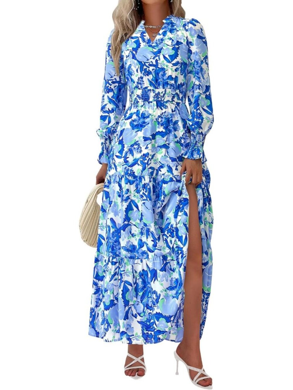 PrettyGarden Women's Floral Blue Sleeve V Neck A Line Flowy Maxi Long Dress